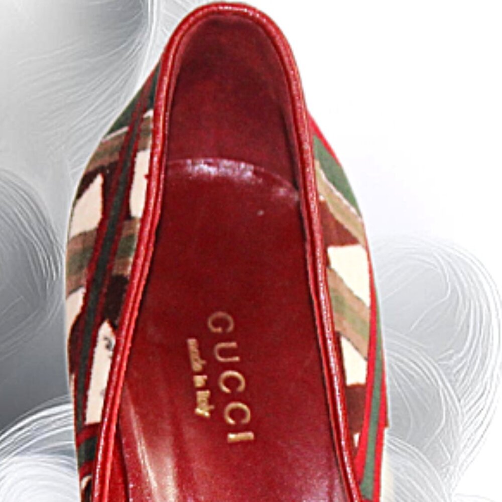 Gucci Velvet Geometric Cream Maroon Green Signed Platform Pumps, Size 6 - Picture 9 of 14
